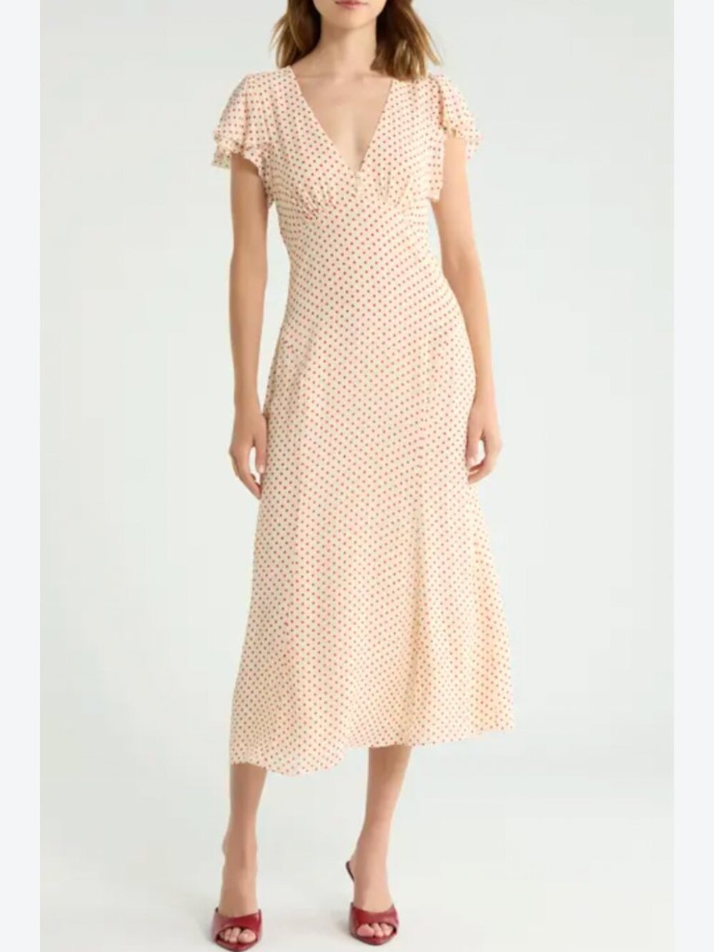 Reformation Frost Midi Dress US4 Marilyn Dot Red Cream Flutter Sleeve French